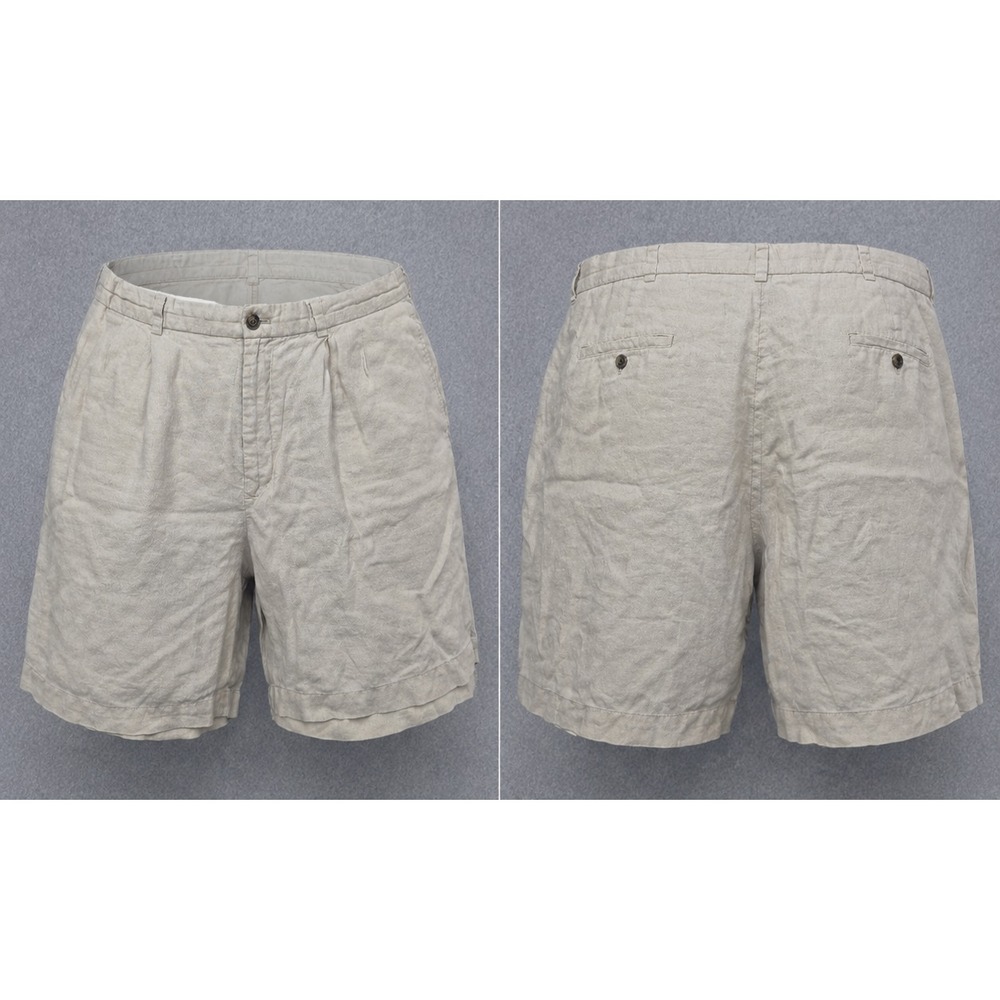 Brooks Brothers 346 Shorts Mens 42 Tan Beige 100% Linen Pleated Classic Summer